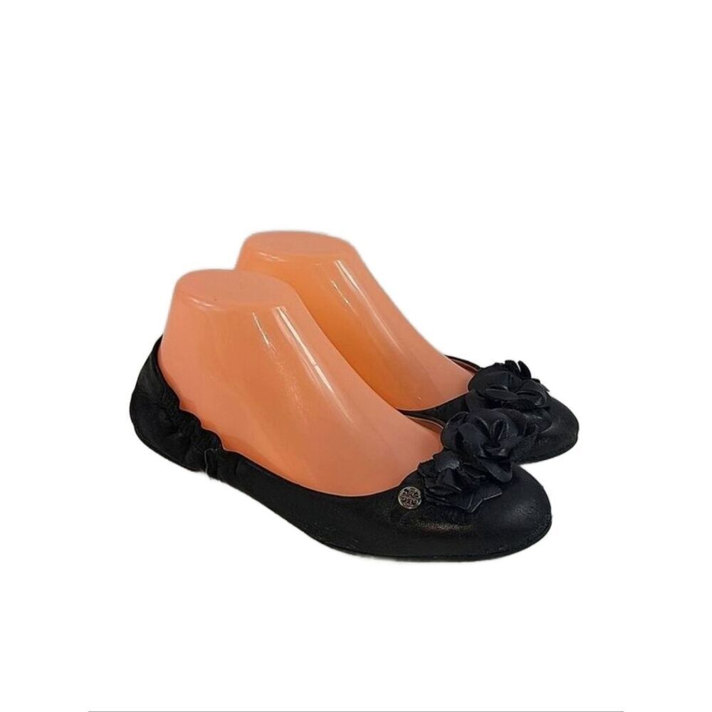 Tory Burch Black‎ Leather Blossom Ballet Flats